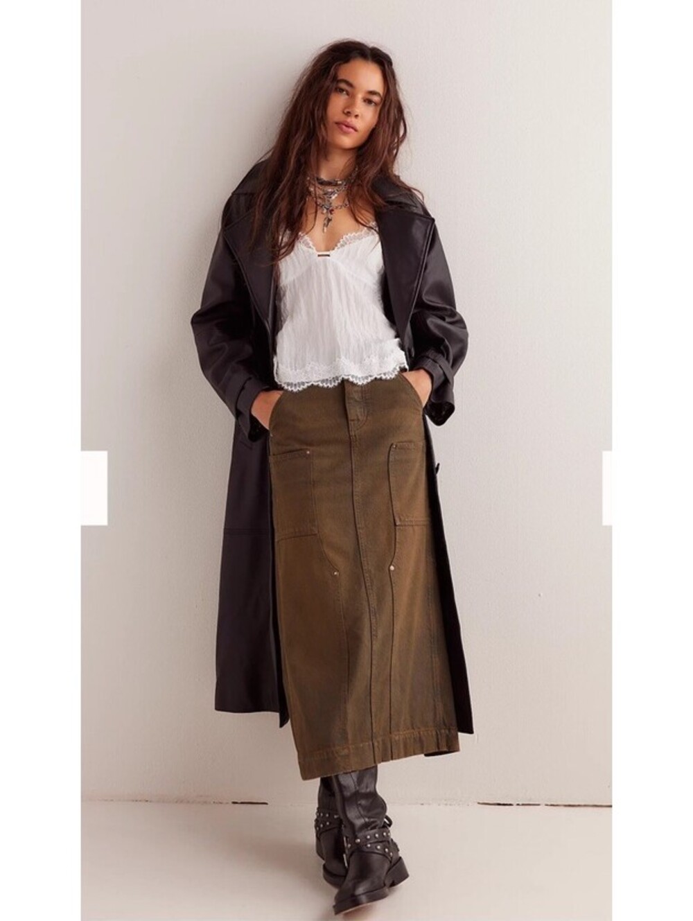 Free People We The Free Maxi Skirt Women Denim Harmonica Coated Boho Size 28 NWT